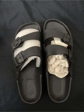 Womens Double-Buckle Slide Sandals in Black